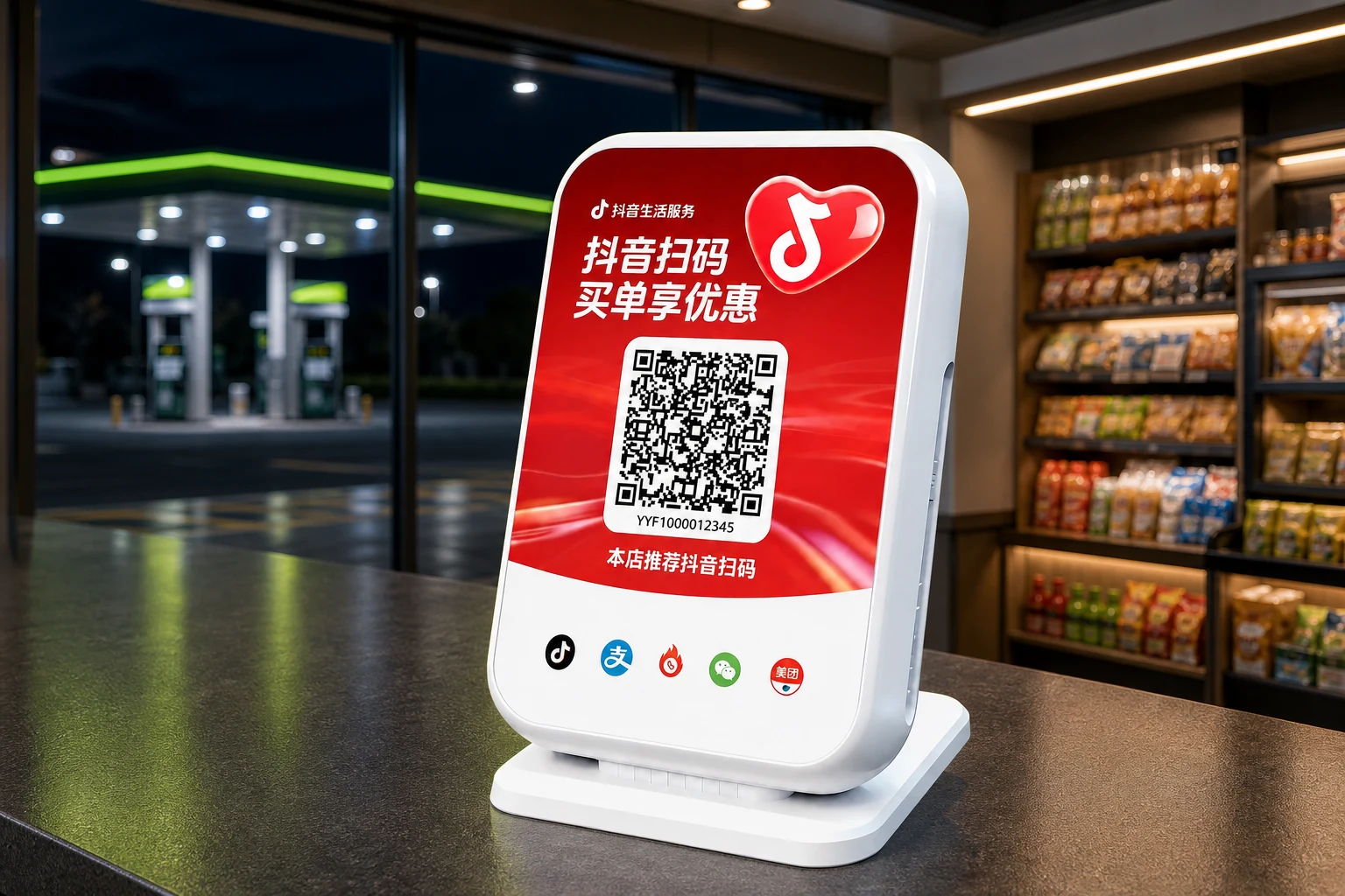 真实白色台式抖音买单设备置于加油站便利店收银区